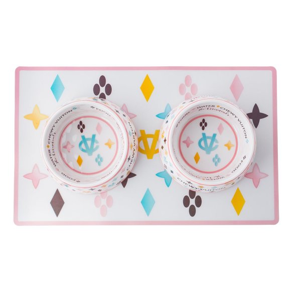 Chewy Vuiton white Dog bowls and placemat set